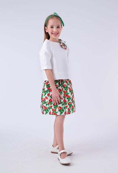 Bow Accent Blouse And Printed Skirt Set