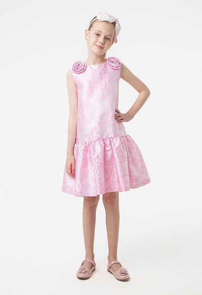 Solid Rose Bud Jacquard Ruffle Dress