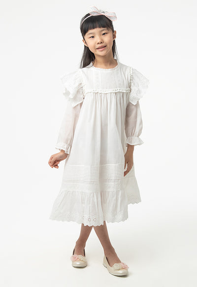 Flared Ruffle Hem Schiffli Lace Embroidered Dress