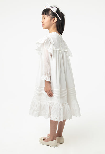 Flared Ruffle Hem Schiffli Lace Embroidered Dress