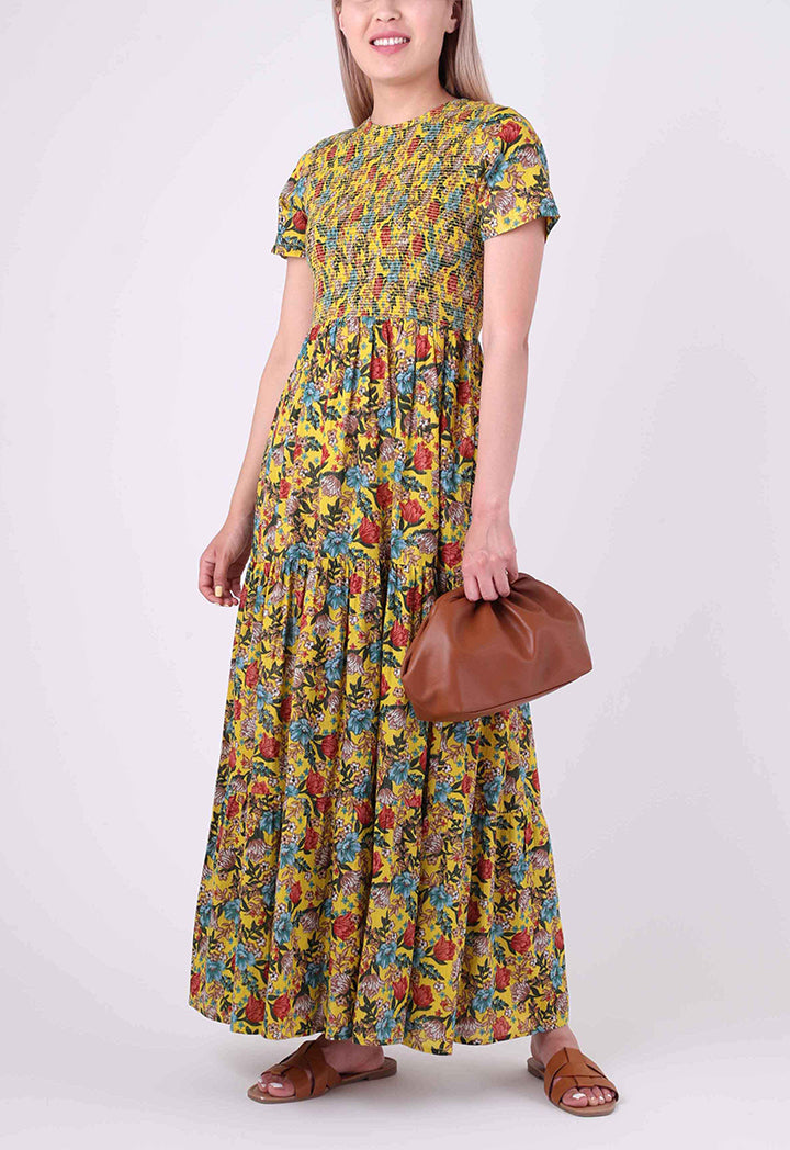 Floral Print Shirring Detail Dress