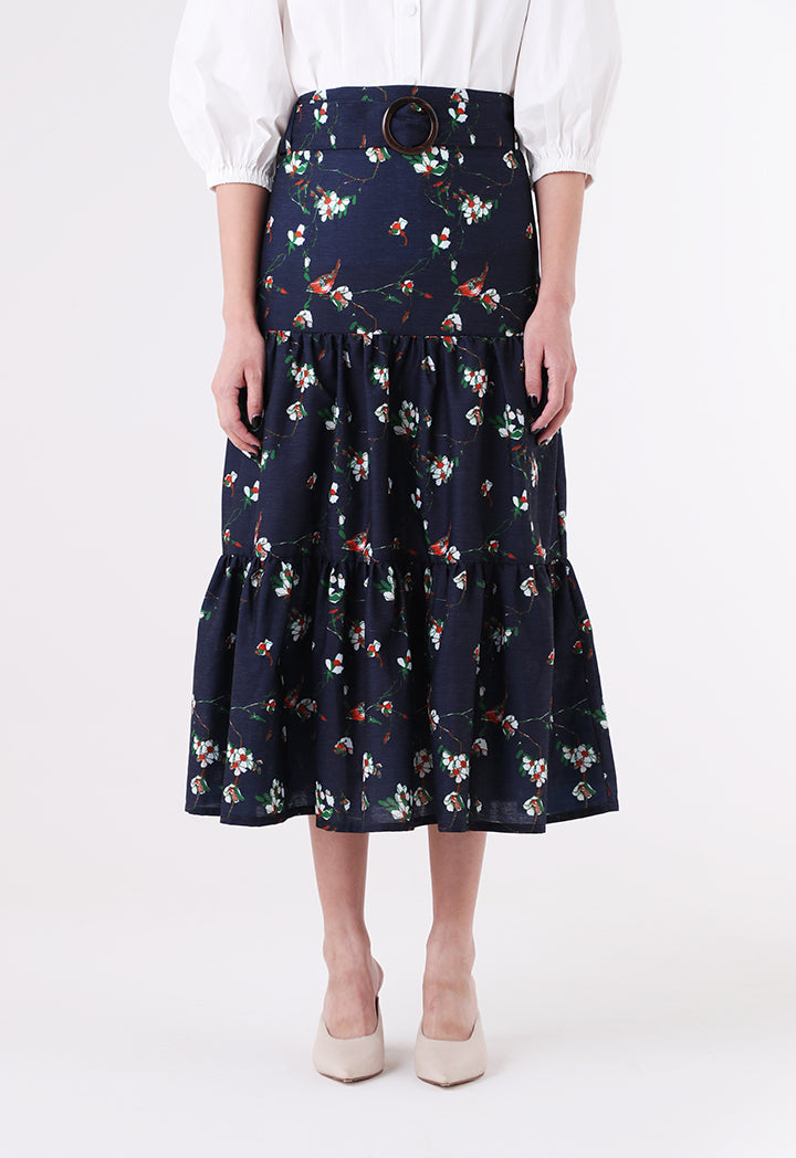 Floral Tiered Belted Skirt