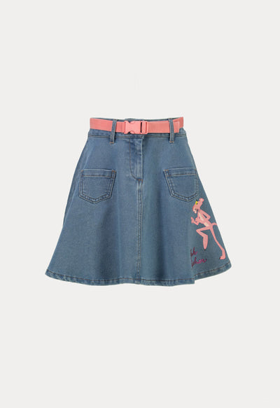 Pink Panther Belted Denim Skirt