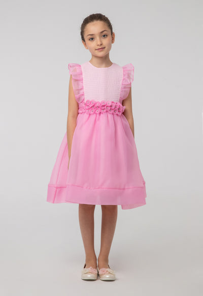 Solid Organza Frill Rhinestones Embellish Sleeveless Dress