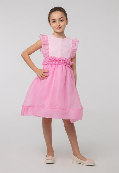 Solid Organza Frill Rhinestones Embellish Sleeveless Dress