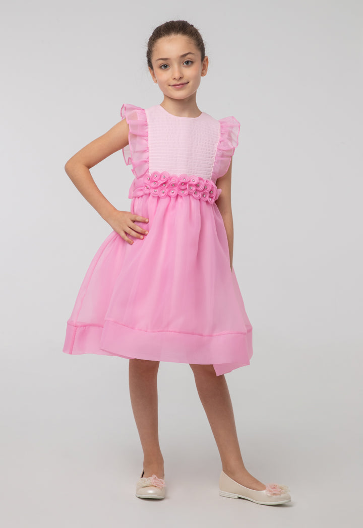 Solid Organza Frill Rhinestones Embellish Sleeveless Dress