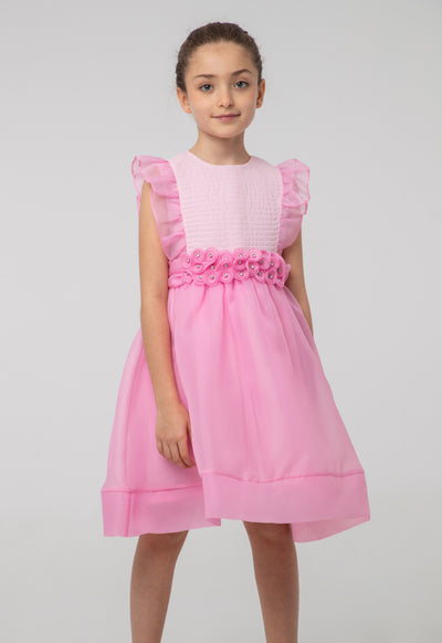 Solid Organza Frill Rhinestones Embellish Sleeveless Dress
