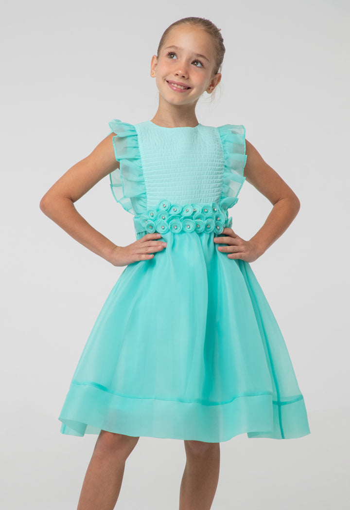Solid Organza Frill Rhinestones Embellish Sleeveless Dress