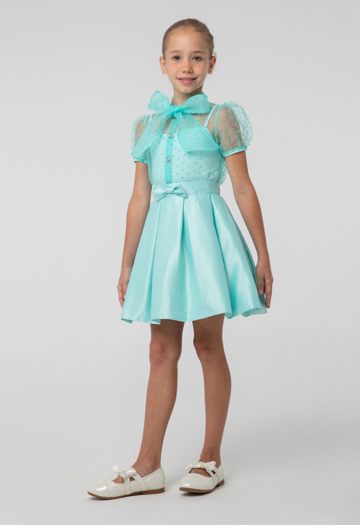Solid Box Pleated Bow Flare Skirt