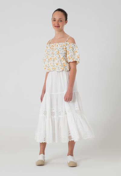 Solid Schiffli Tiered Lace Midi Skirt