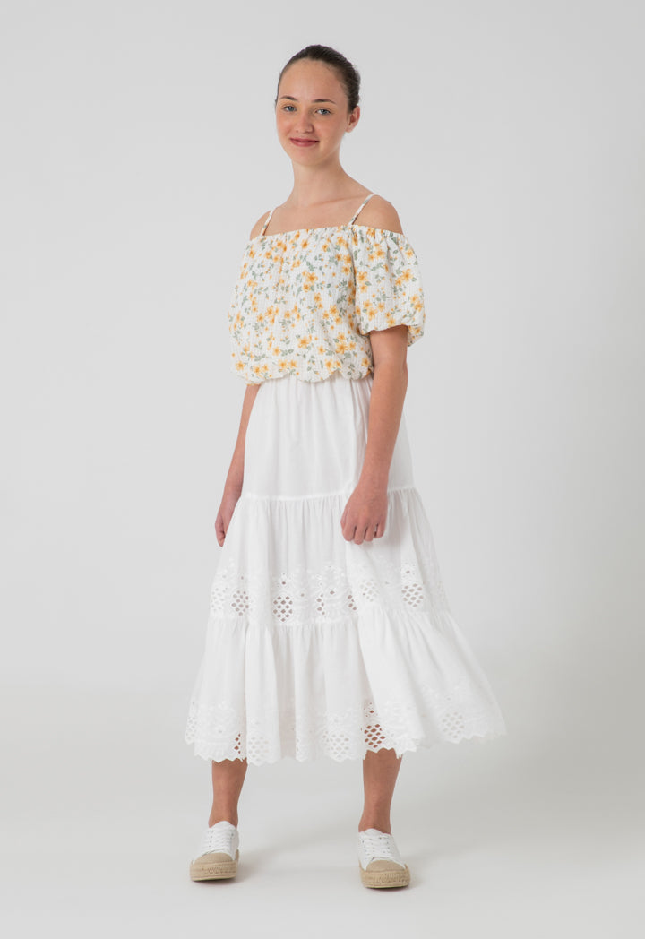 Solid Schiffli Tiered Lace Midi Skirt