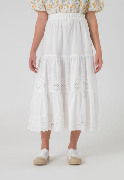 Solid Schiffli Tiered Lace Midi Skirt