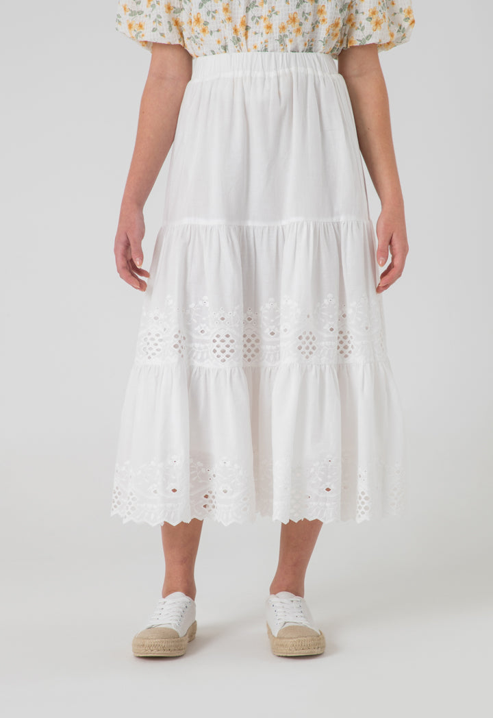 Solid Schiffli Tiered Lace Midi Skirt