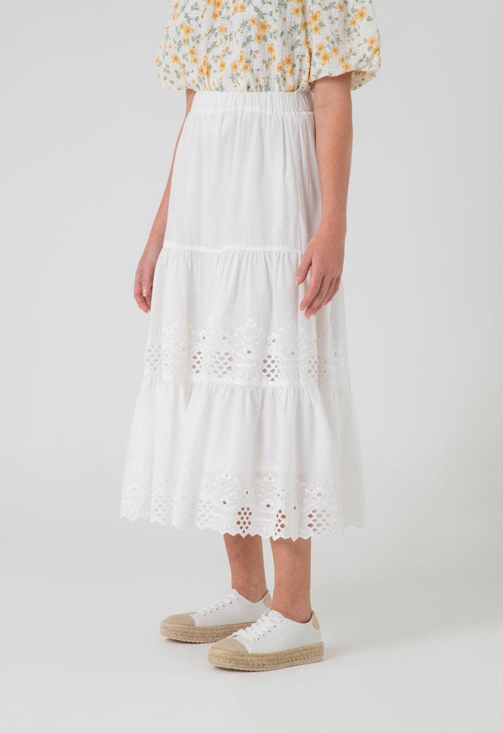 Solid Schiffli Tiered Lace Midi Skirt