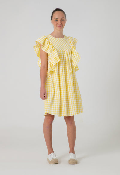 Plaid Seersucker Midi Ruffle Dress