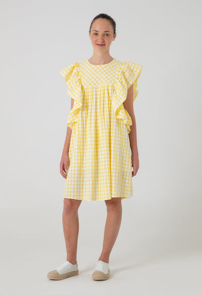 Plaid Seersucker Midi Ruffle Dress