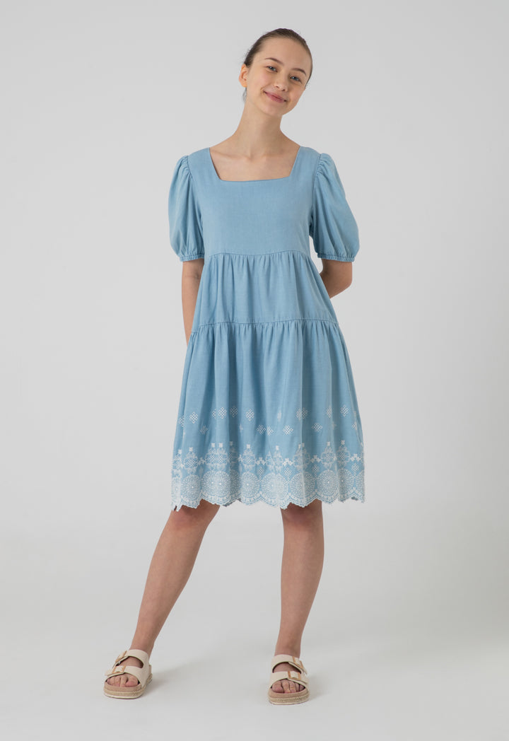 Tiered Scallop Embroidered Midi Dress