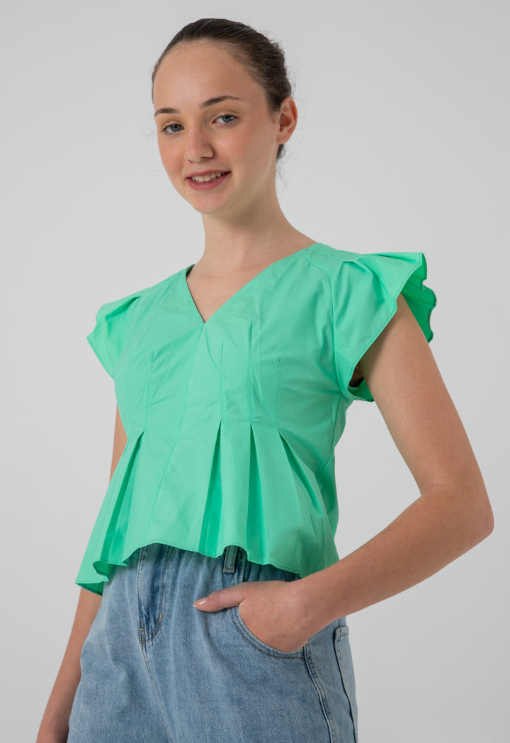 Solid Ruffle Pleated Poplin Blouse