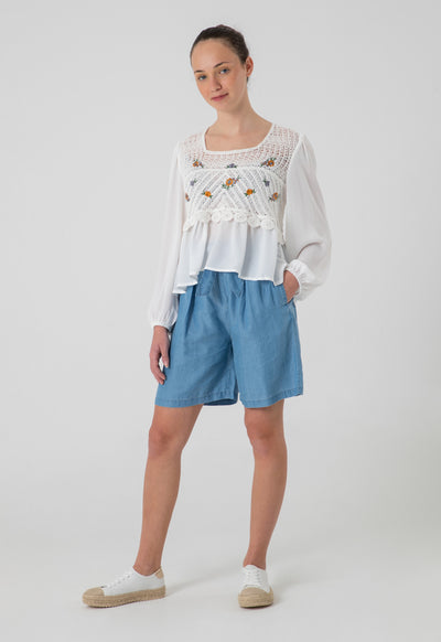 Frill Self Tie Denim Loose Short