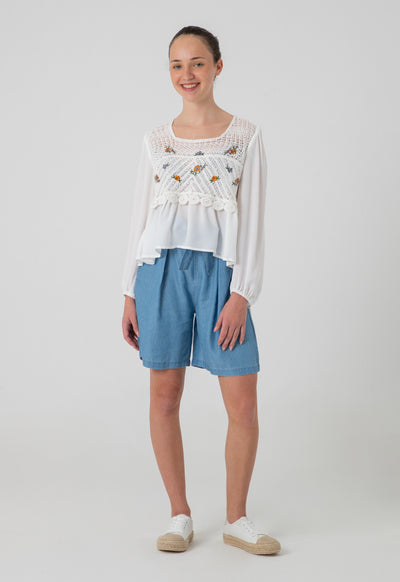 Frill Self Tie Denim Loose Short