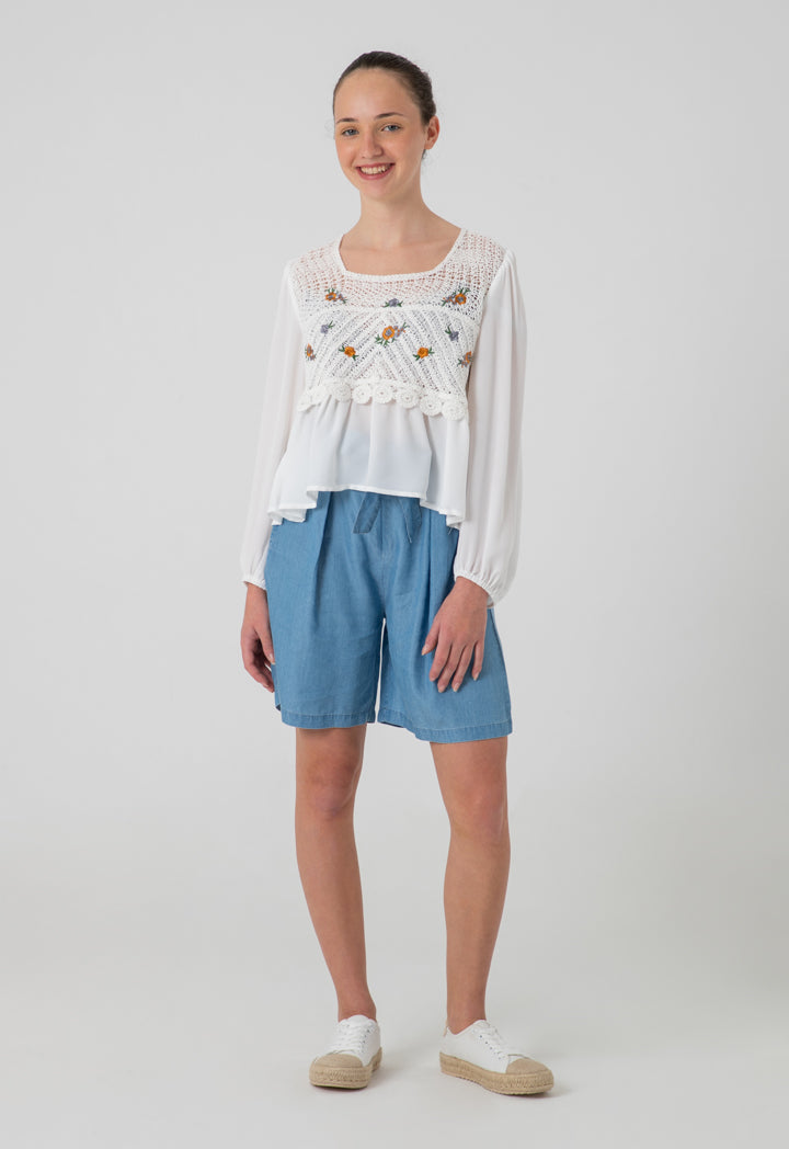 Frill Self Tie Denim Loose Short