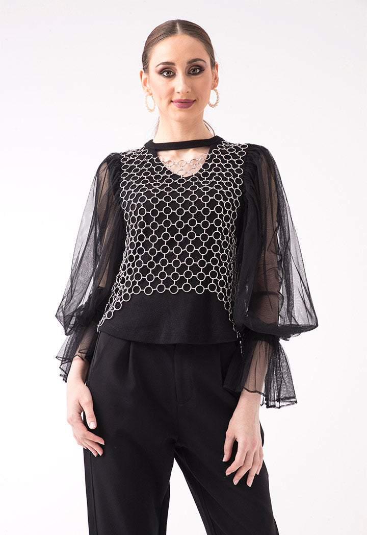 Black Knitted Tulle Sleeve Top