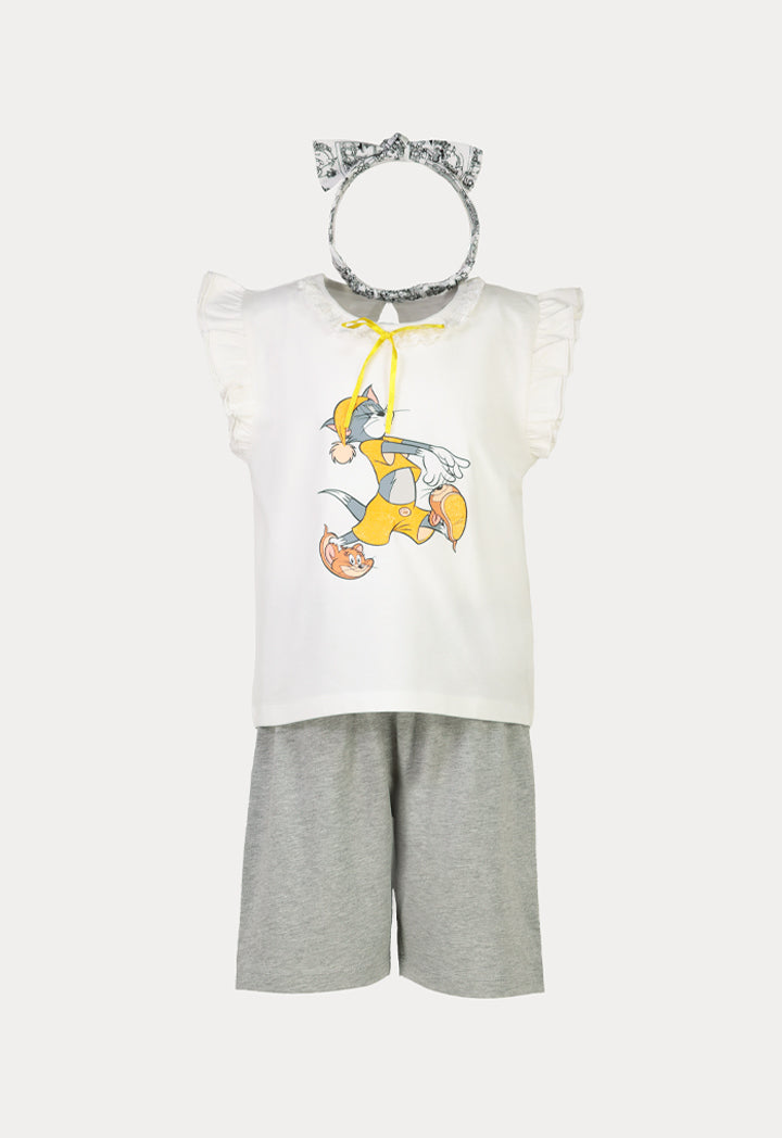 Tom & Jerry Frill Trim Graphic Print Blouse And Short Sets