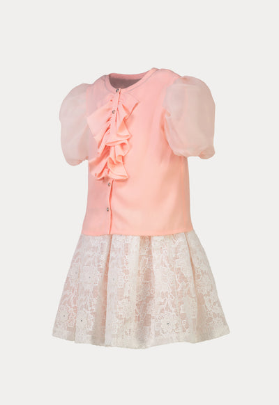 Organza Ruffle Puff Blouse And Pleated Lace Skirts Set