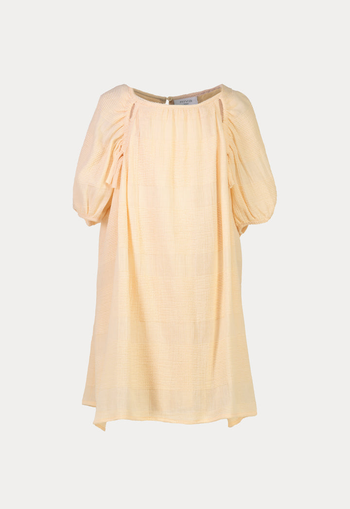 Solid Textured Raglan Puff  Sleeves Cut-Out Dress