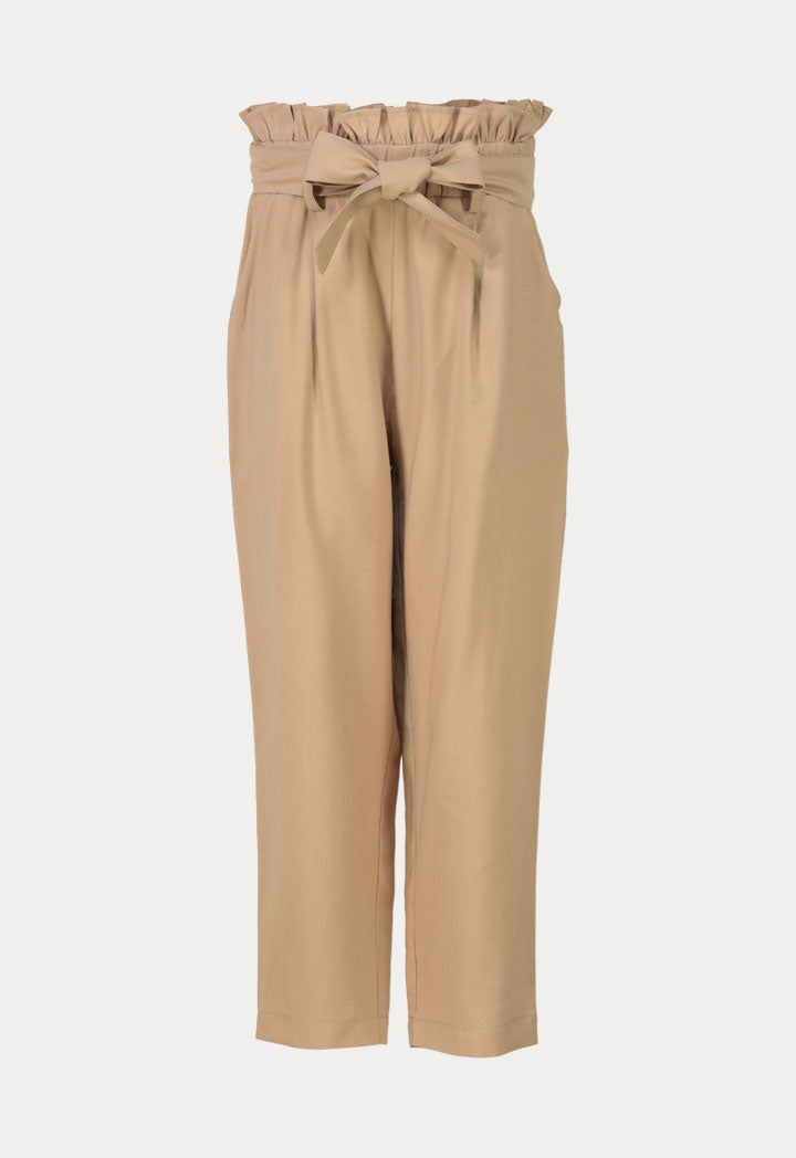 Solid Ruffle Belted Paper Bag Trouser