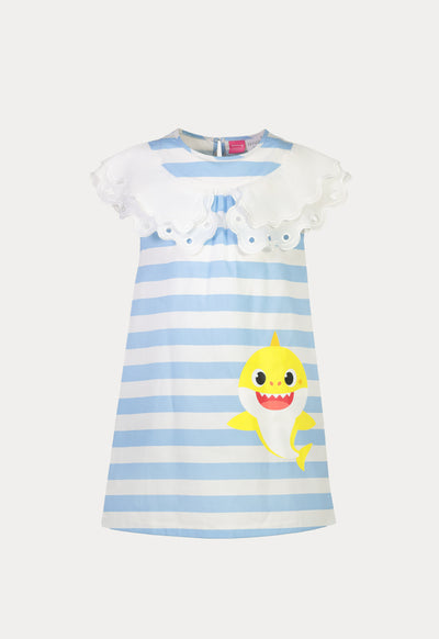 Baby Shark Digital Print Scallop Stripes Dress