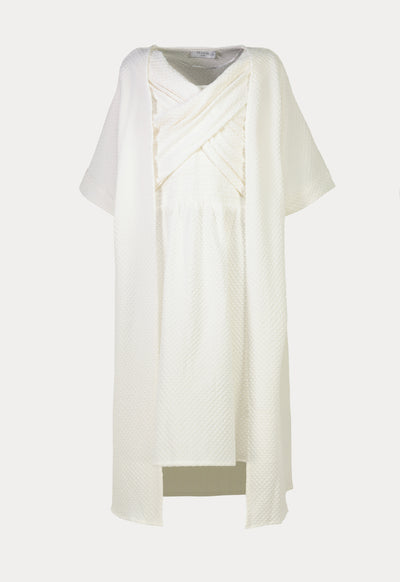 Solid Textured Self Tie Wrap Shrug And Smoking Dress