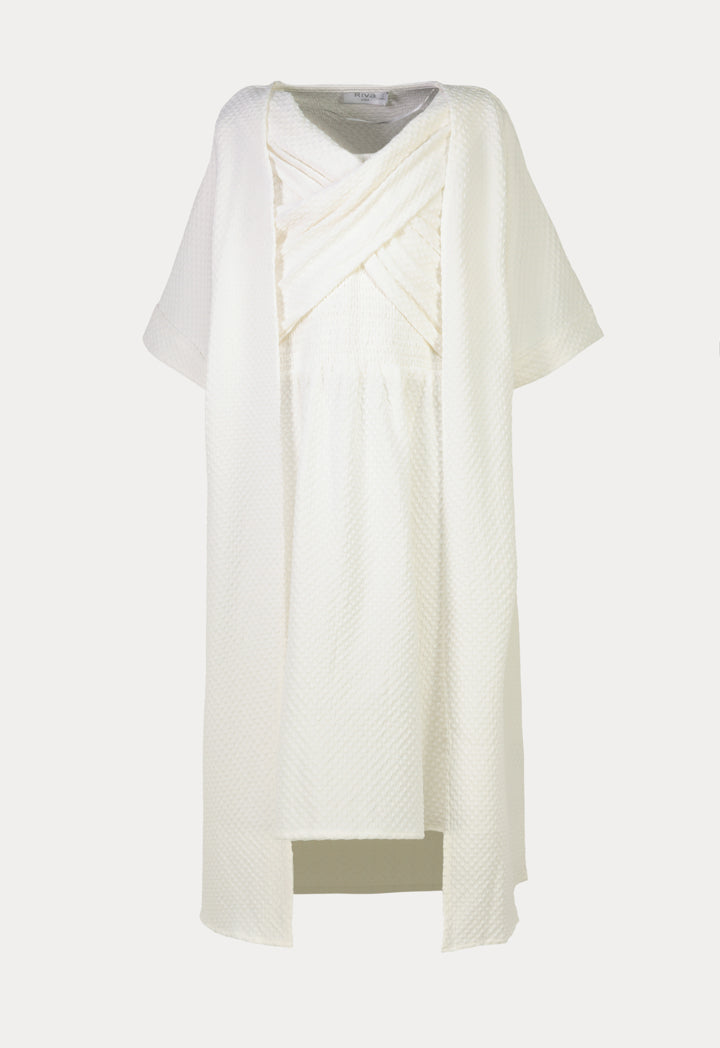 Solid Textured Self Tie Wrap Shrug And Smoking Dress